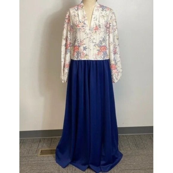 None Dresses & Skirts - Vintage Maxi Dress Floral Bodice Blue Skirt Homemade XL